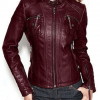 Women’s Burgundy Motorcycle Leather Jacket with Buckle Collar