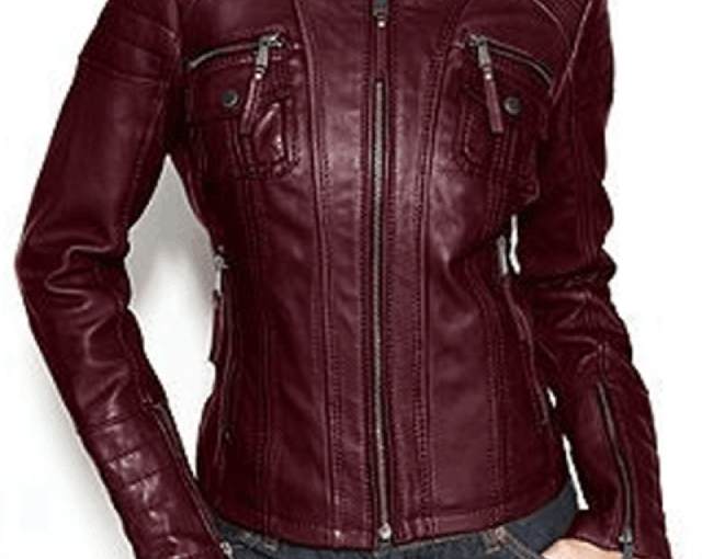 Women’s Burgundy Motorcycle Leather Jacket with Buckle Collar