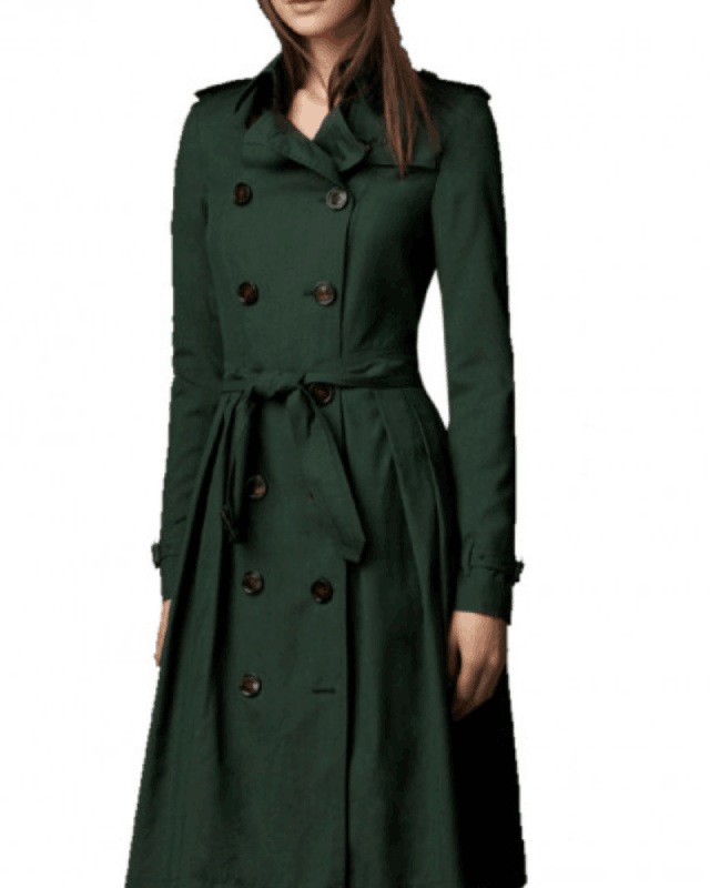 Women's Double Breasted Belted Cotton Green Long Coat