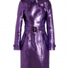 Women’s Double Breasted Metallic Purple Leather Belted Coat