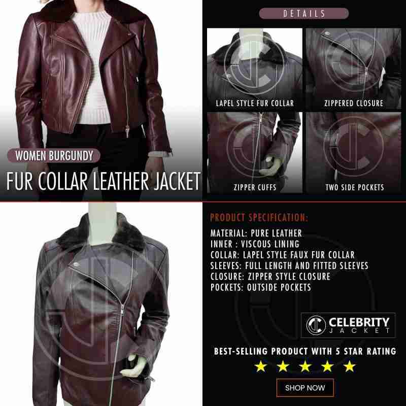Women Burgundy Fur Collar Leather Jacket