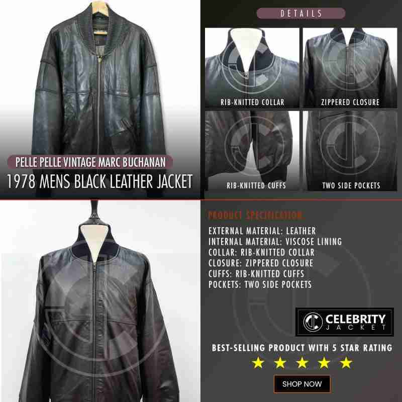 Pelle Pelle Vintage Marc Buchanan 1978 Mens Black Leather Jacket