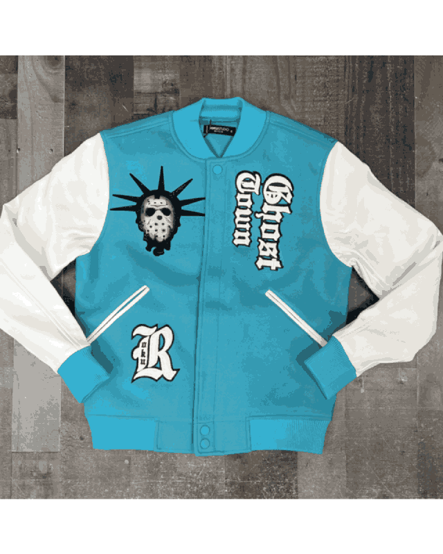 Men’s Sea Green and White Ghost Town Varsity Bomber Jacket