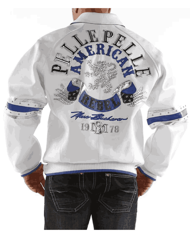 American Rebel White Blue Pelle Pelle Studded White Jacket