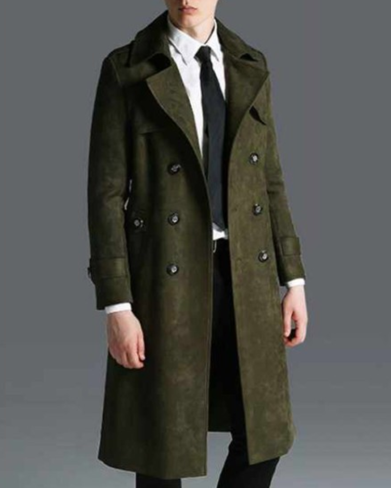 MEN'S MILITARY GREEN DOUBLE BREASTED SUEDE LEATHER COAT