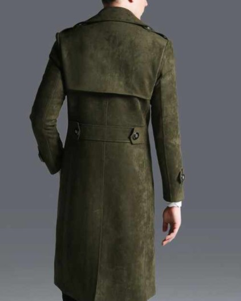 MEN'S MILITARY GREEN DOUBLE BREASTED SUEDE LEATHER COAT