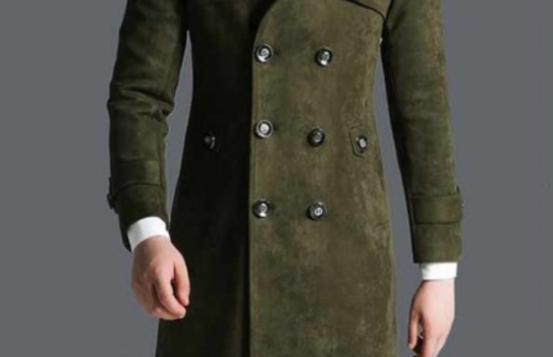 MEN'S MILITARY GREEN DOUBLE BREASTED SUEDE LEATHER COAT