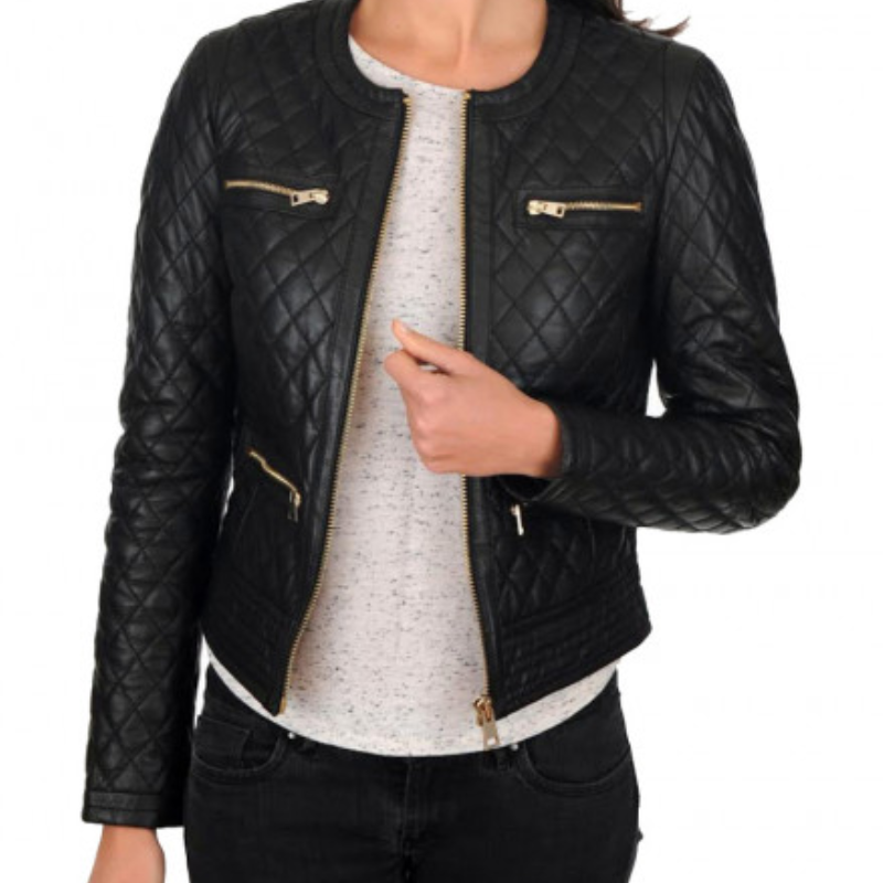 WOMEN'S CASUAL WEAR BLACK QUILTED LEATHER JACKET