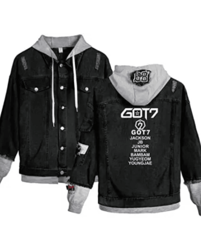 Got7 Kpop Jackson JB Mark Bambam Black And Grey Denim Hooded Jacket