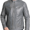 Men's Mock Collar Zipper Pockets Biker Grey Leather Jacket