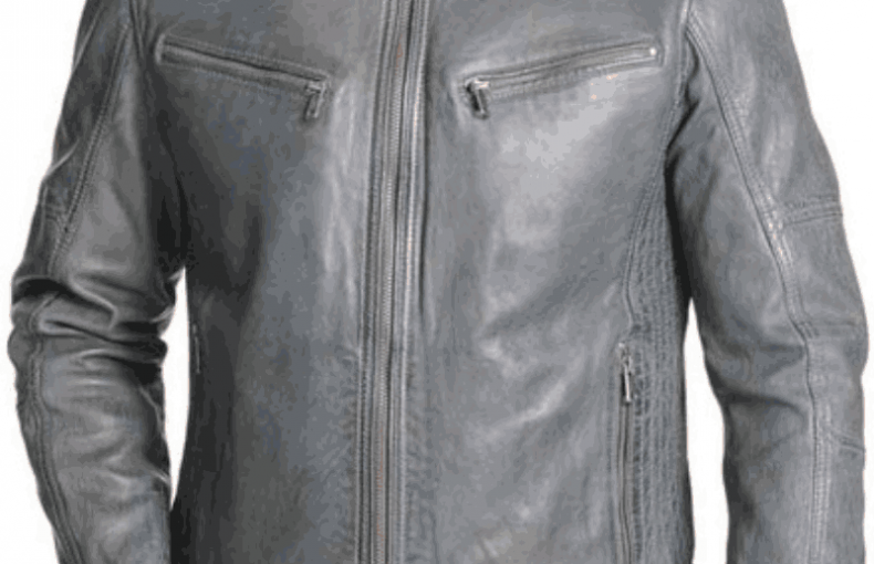 Men's Mock Collar Zipper Pockets Biker Grey Leather Jacket