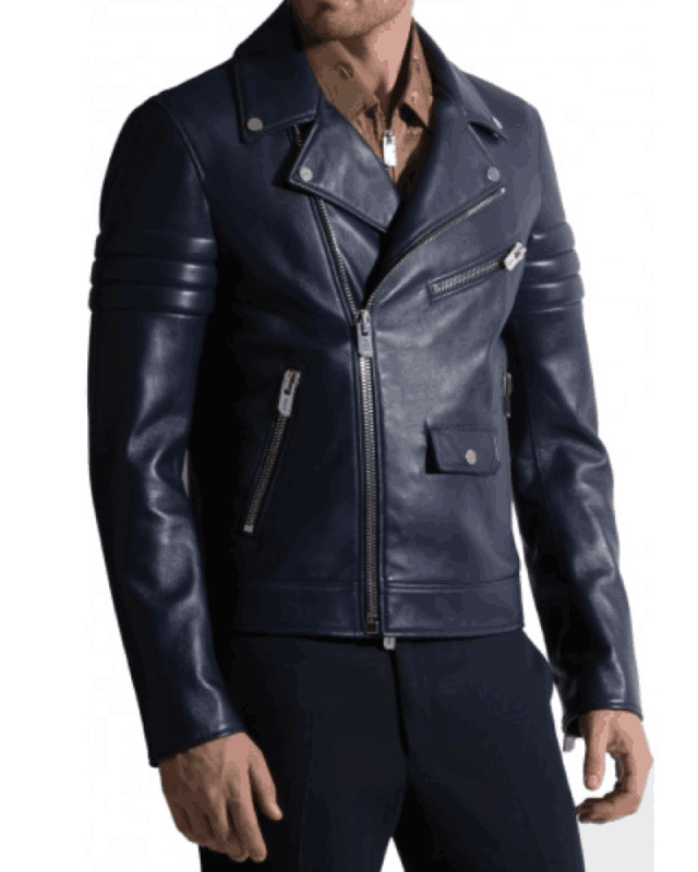 Men's Navy Blue Leather Motorcycle Jacket