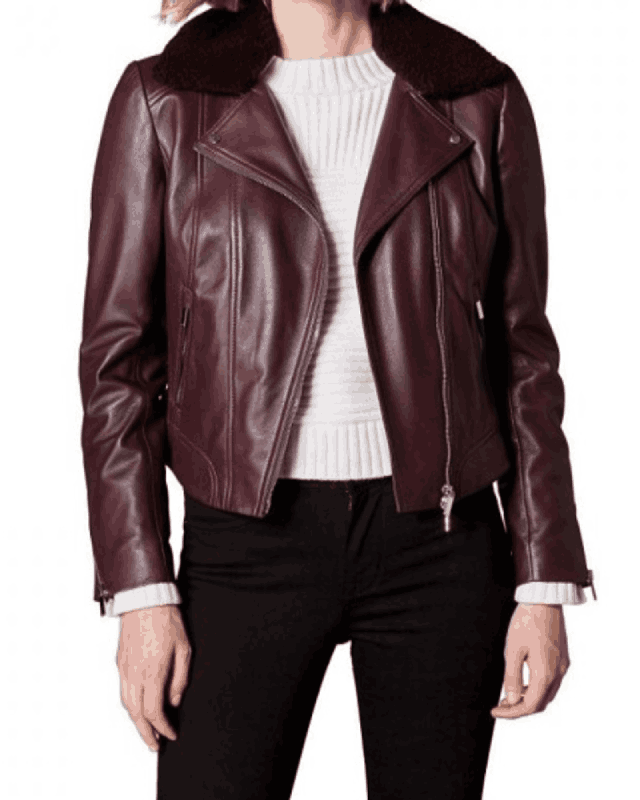 women-burgundy-fur-collar-leather-jacket