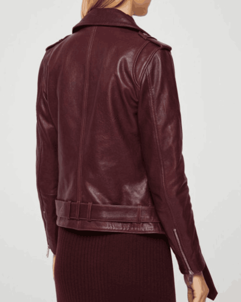 WOMEN'S BELTED STYLE MOTORCYCLE BURGUNDY LEATHER JACKET