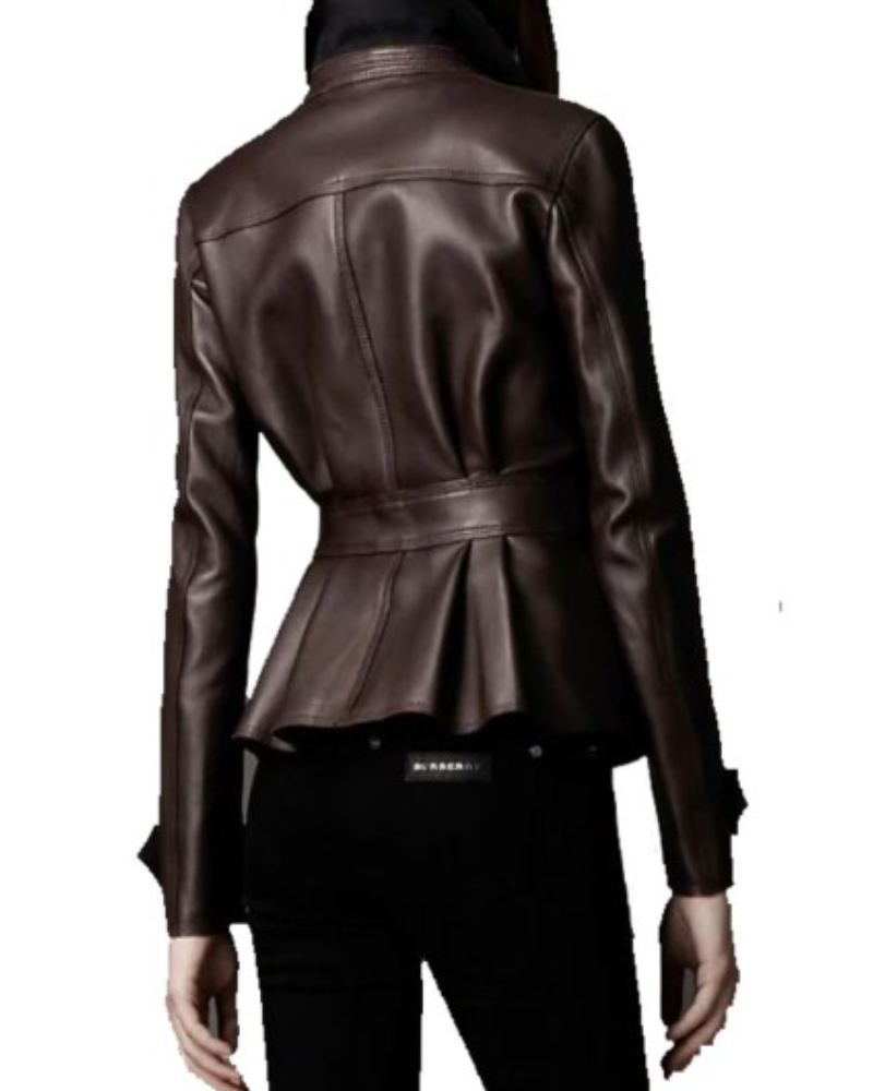 Women's FJ356 Peplum Waist Designer Chocolate Brown Leather Jacket