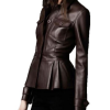 Women's FJ356 Peplum Waist Designer Chocolate Brown Leather Jacket