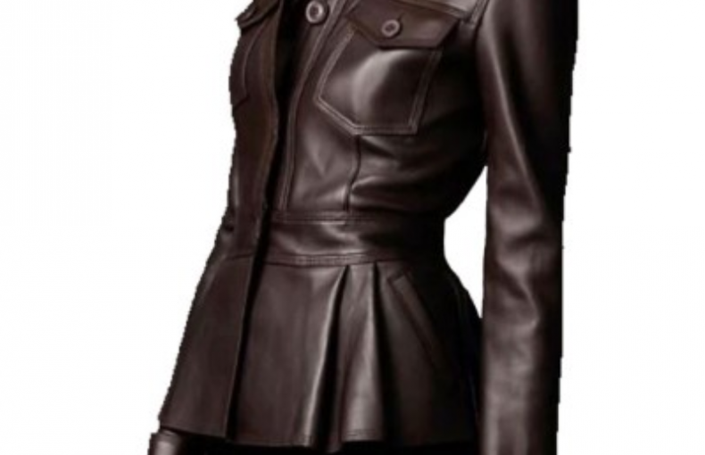 Women's FJ356 Peplum Waist Designer Chocolate Brown Leather Jacket