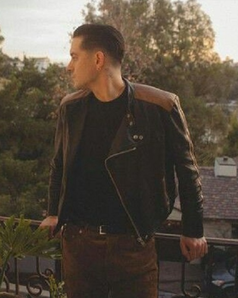 G-Eazy Black Biker Leather Jacket With & Brown Stripes On Shoulders And Sleeves
