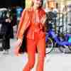 Gigi Hadid Orange Long Leather Coat
