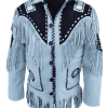 Native American Men's Western Cowboy Sky Blue Fringes Suede Leather Jacket
