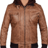 Edinburgh Bomber Brown Leather Jacket With Hood
