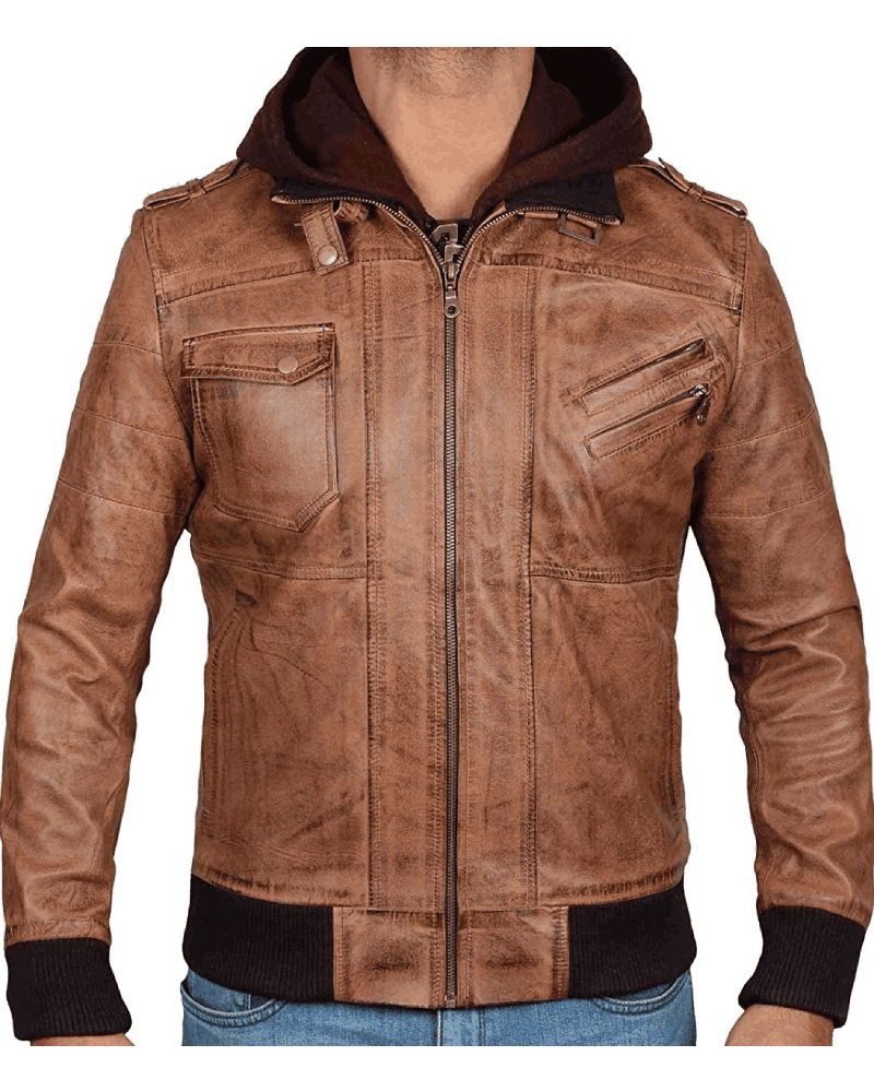 Edinburgh Bomber Brown Leather Jacket With Hood