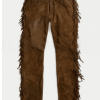 Native American Men Cowboy Fringes Brown Cowhide Suede Leather Pants