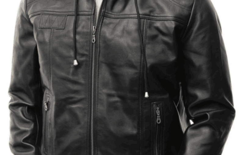 Men’s Black Leather Bomber Hoodie Jacket