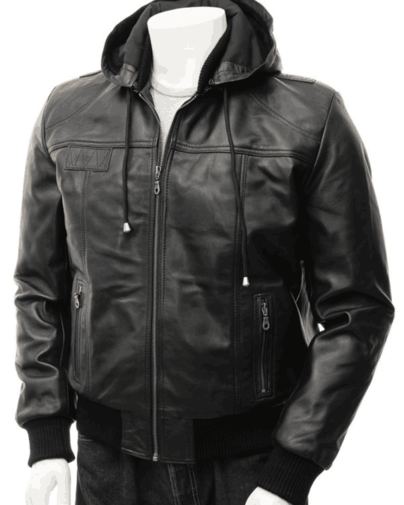 Men’s Black Leather Bomber Hoodie Jacket