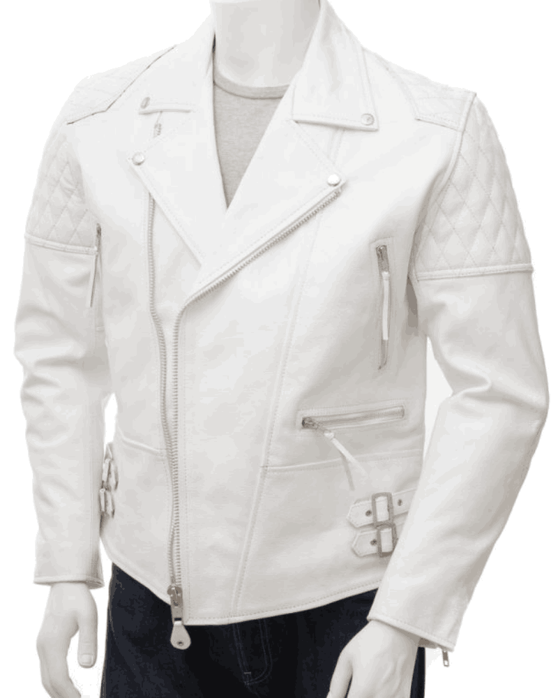 White Leather Biker Jacket for Men