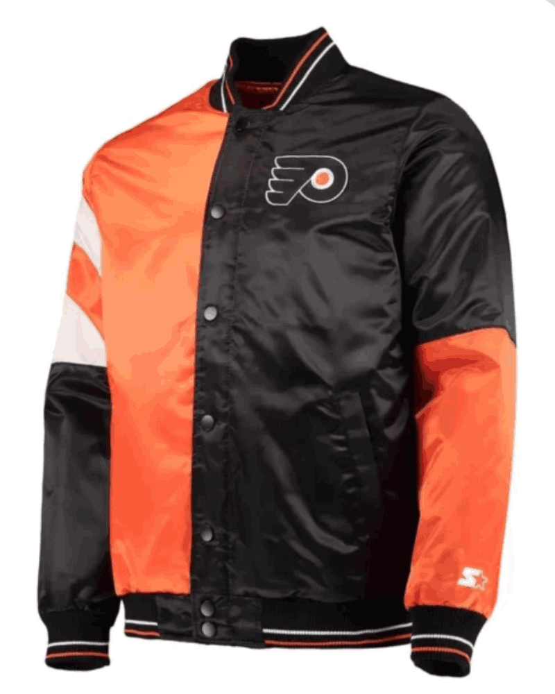 Material: Satin Lining: Quilted inner lining Front: Buttoned closure Cuffs: Rib-knitted cuffs Pockets: Two front welt pockets with one inside pocket Collar: Rib-knitted collar Color: Contrasting colorway of black and orange