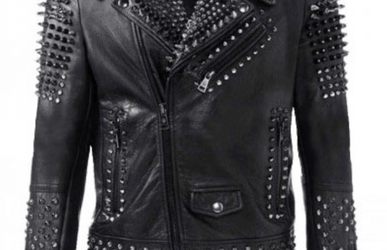 Men's Punk Rock Silver Spikes Studded Black Brando Biker Leather Jacket