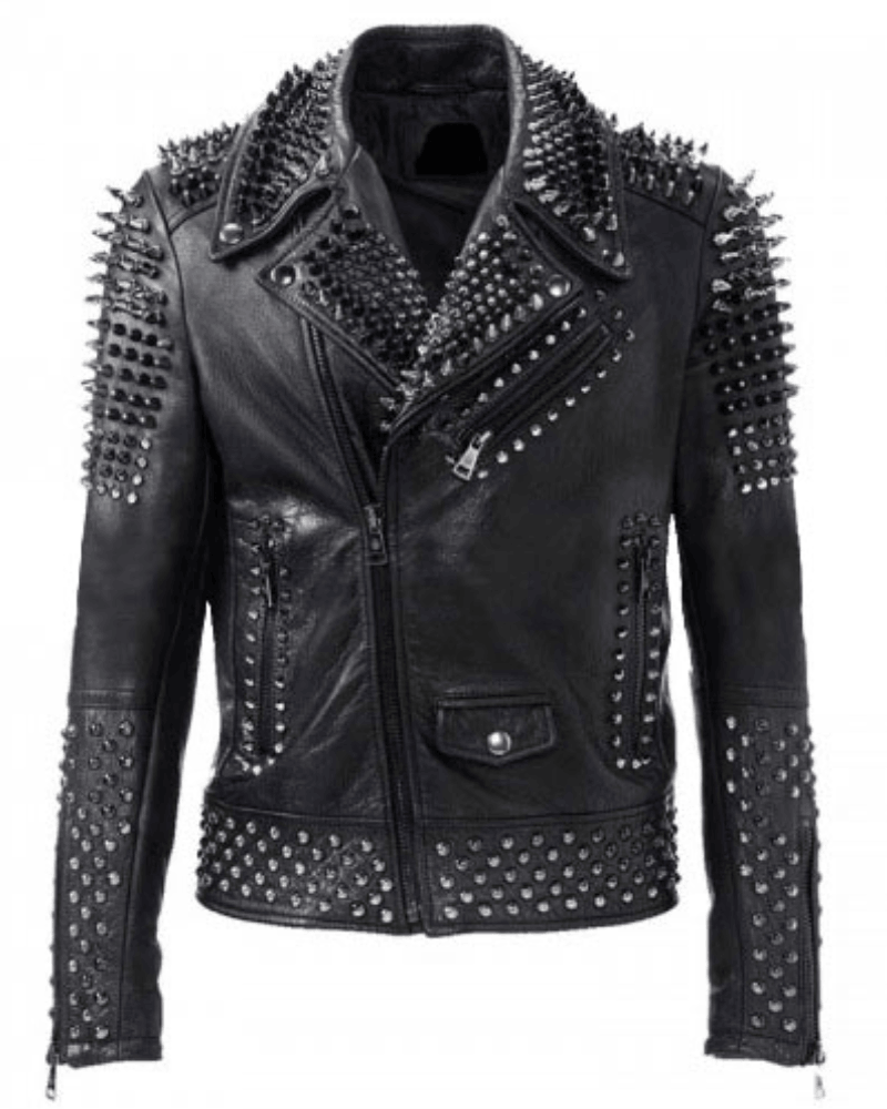 Men's Punk Rock Silver Spikes Studded Black Brando Biker Leather Jacket