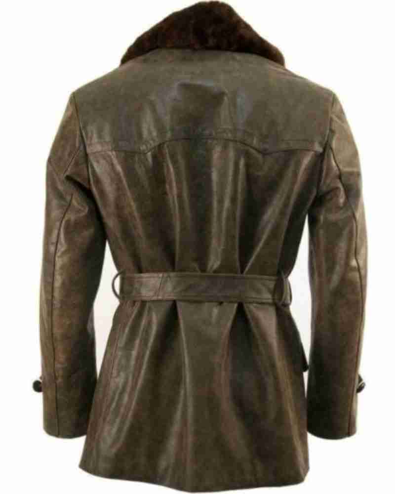 Fur Collar Vintage Brown Leather Pea Coat