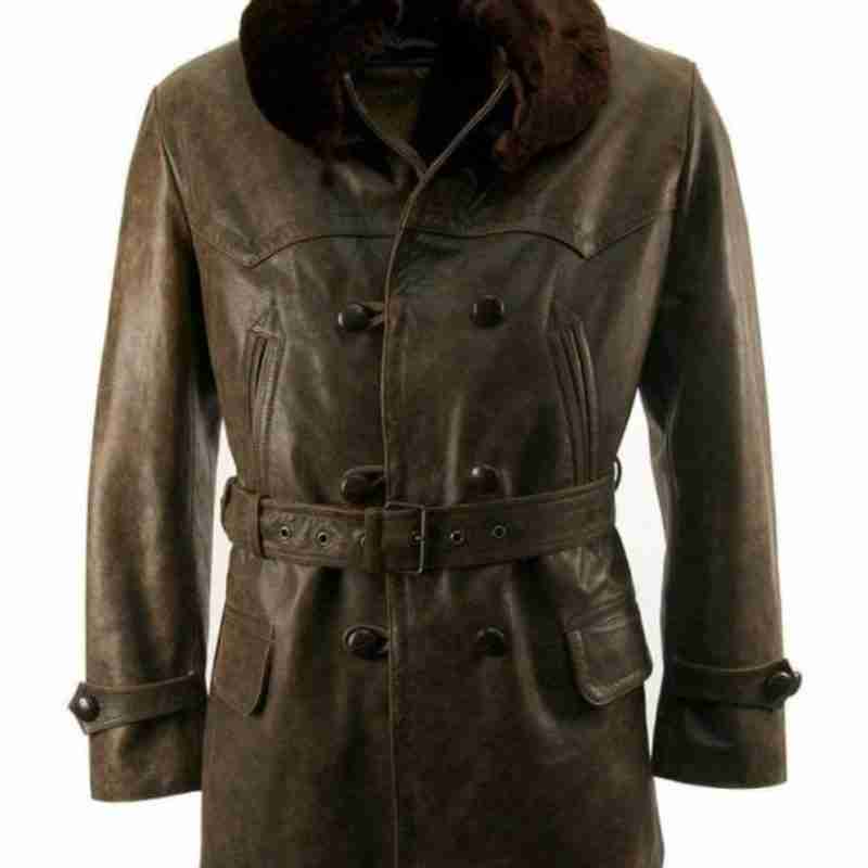 Fur Collar Vintage Brown Leather Pea Coat
