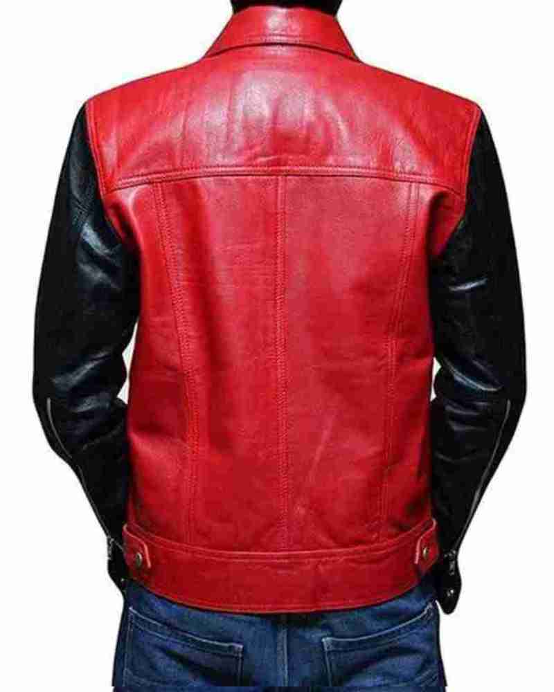 Men’s Red and Black Leather Buttoned Leather Jacket