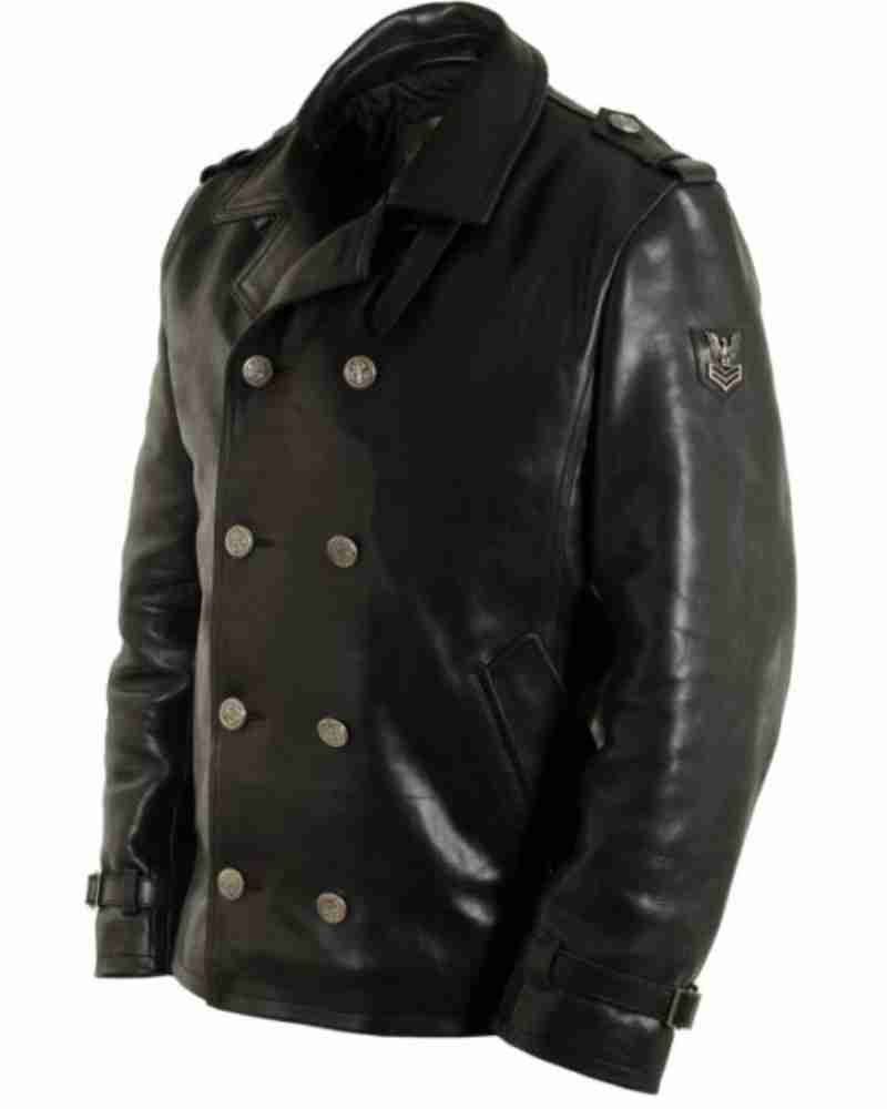 Black Leather Pea Coat For Unisex