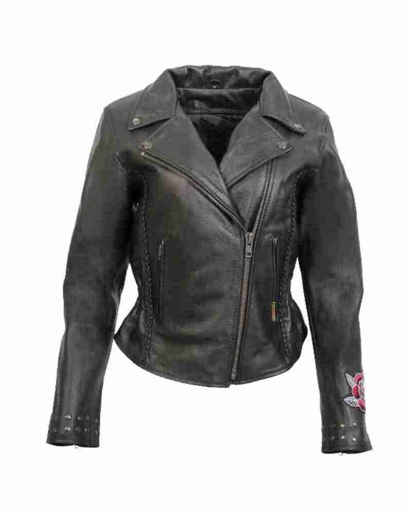 Braided Motorcycle Leather With Embroidered Bling Rose Design Jacket