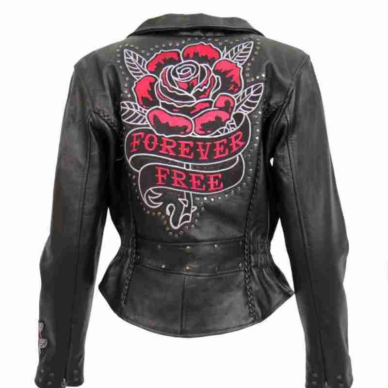 Braided Motorcycle Leather With Embroidered Bling Rose Design Jacket