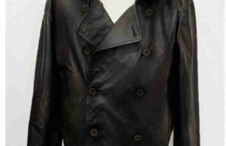 Brown Leather Long Navy Pea Coat For Men