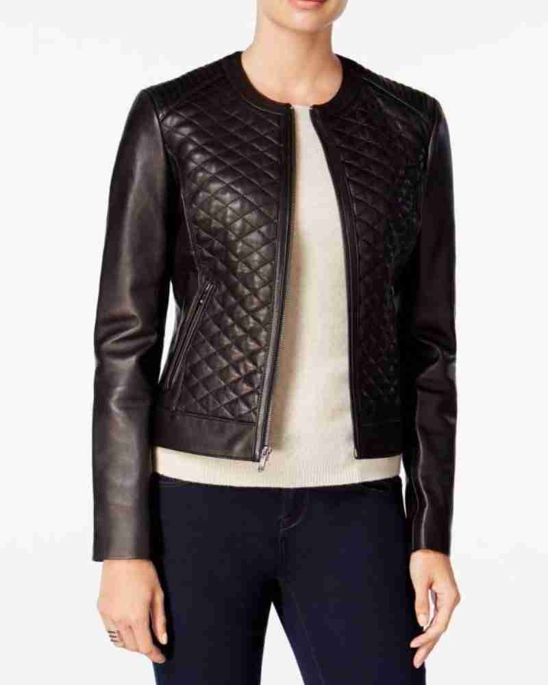 Slimfit Black Collarless Women Quilted Leather Jacket