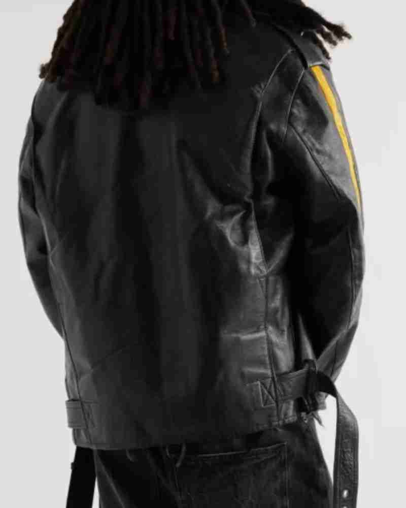 Faux Fur Trimmed Striped Black Leather Jacket