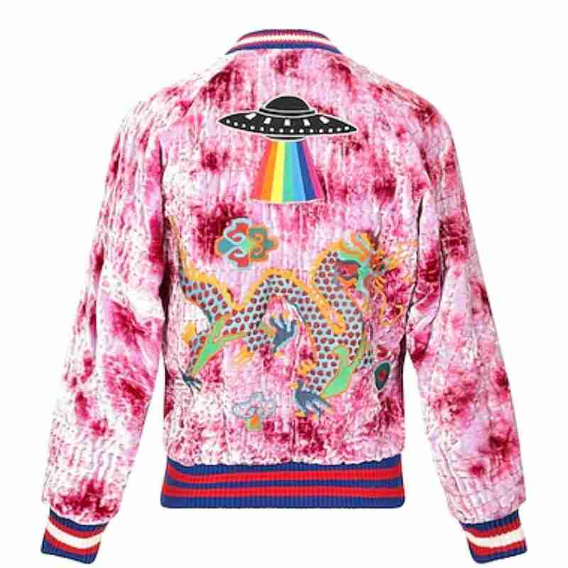 Pink Dragon Appliquéd Crushed Velvet Pink Bomber Jacket