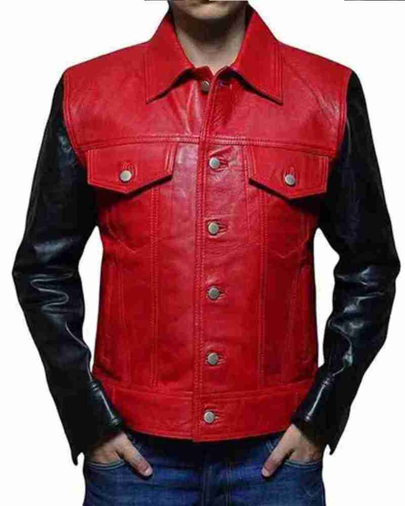 Men’s Red and Black Leather Buttoned Leather Jacket