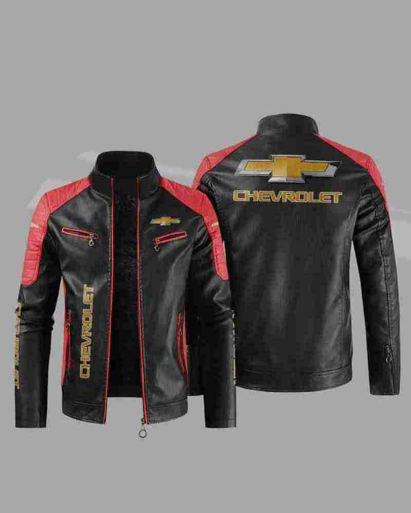 Black Red Chevrolet Block Leather Zippered Jacket
