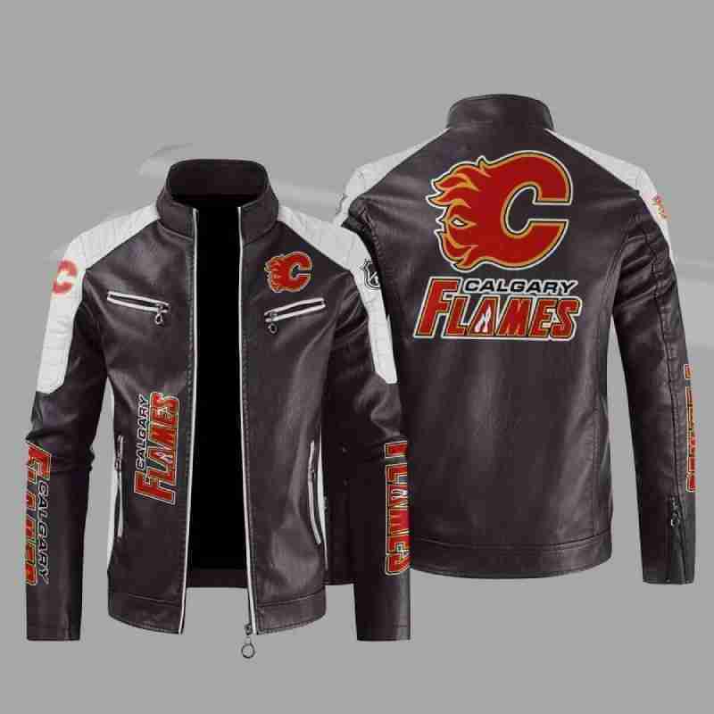 Calgary Flames Block Blue White NHL Leather Zippered Jacket