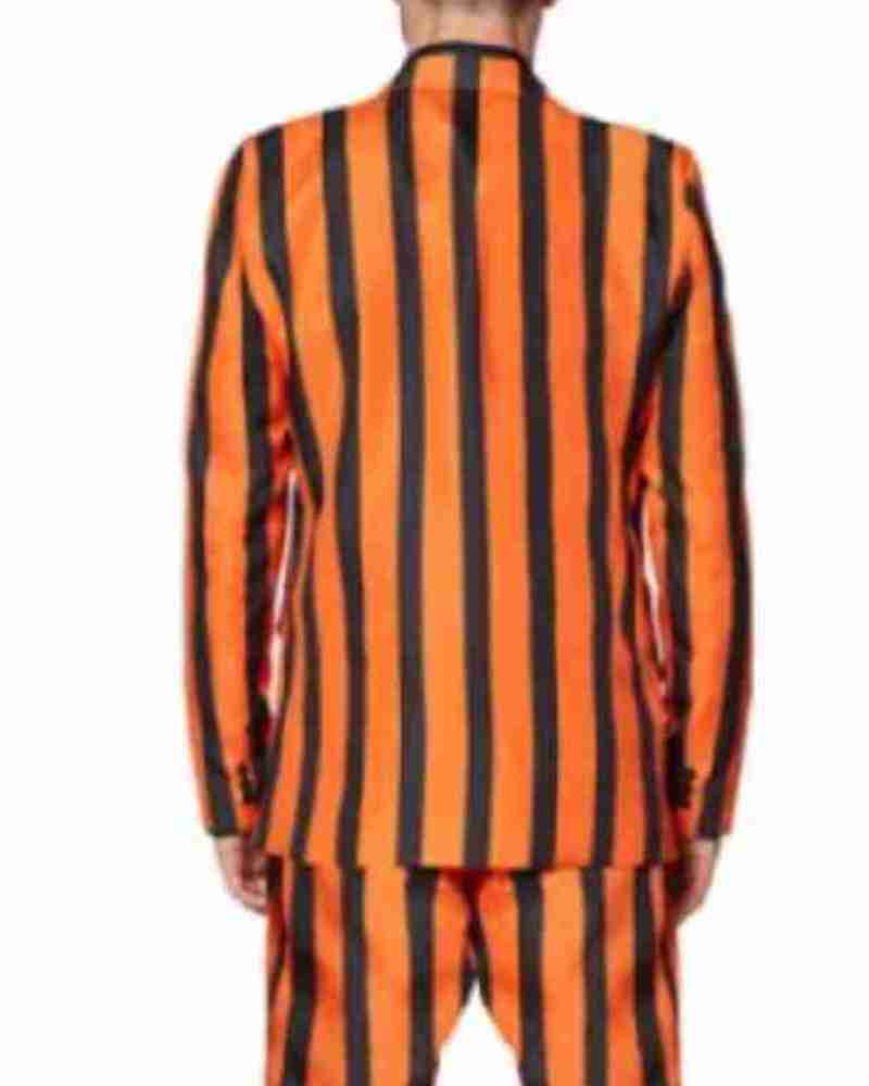Material: Suiting Fabric Collar: Peak Lapel Cuffs: Open Hem Closure: Buttoned Color: Orange & Black