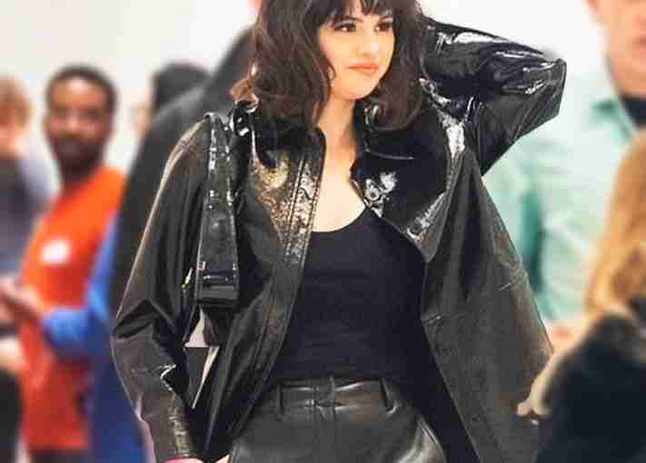 Selena Gomez Shiny Black Leather Jacket