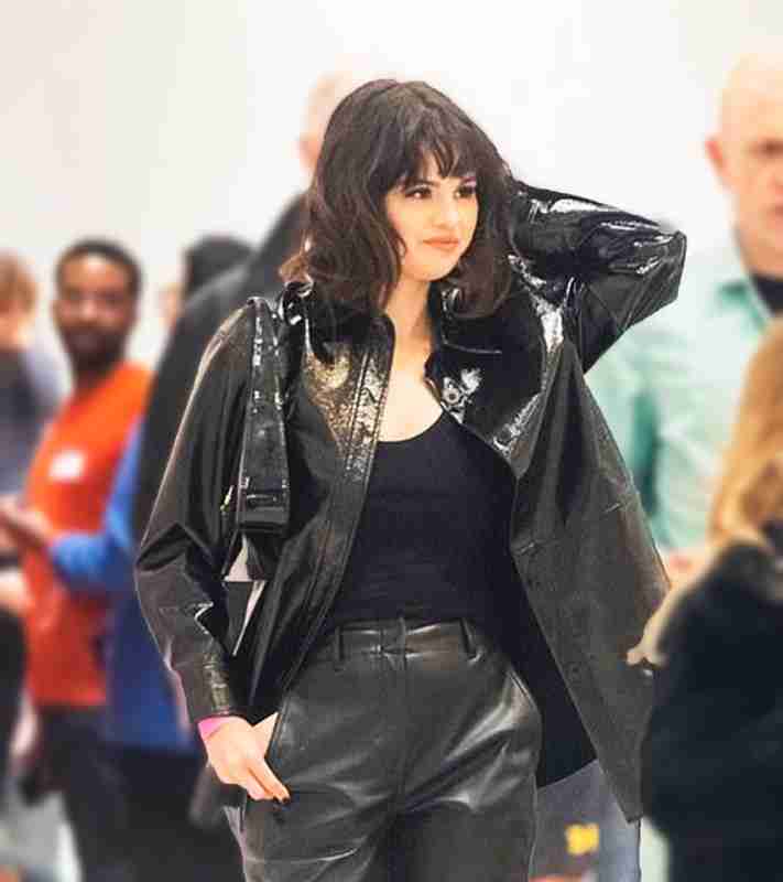 Selena Gomez Shiny Black Leather Jacket