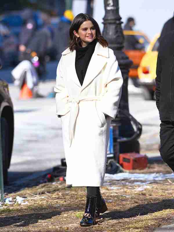 Selena Gomez White Belted Coat